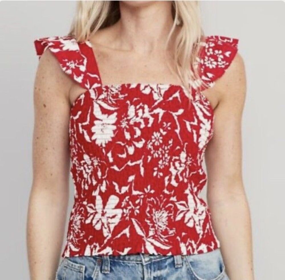 Old Navy Smocked Floral Tank Top XS Red White Flutter Ruffle Sleeve Summer Blous